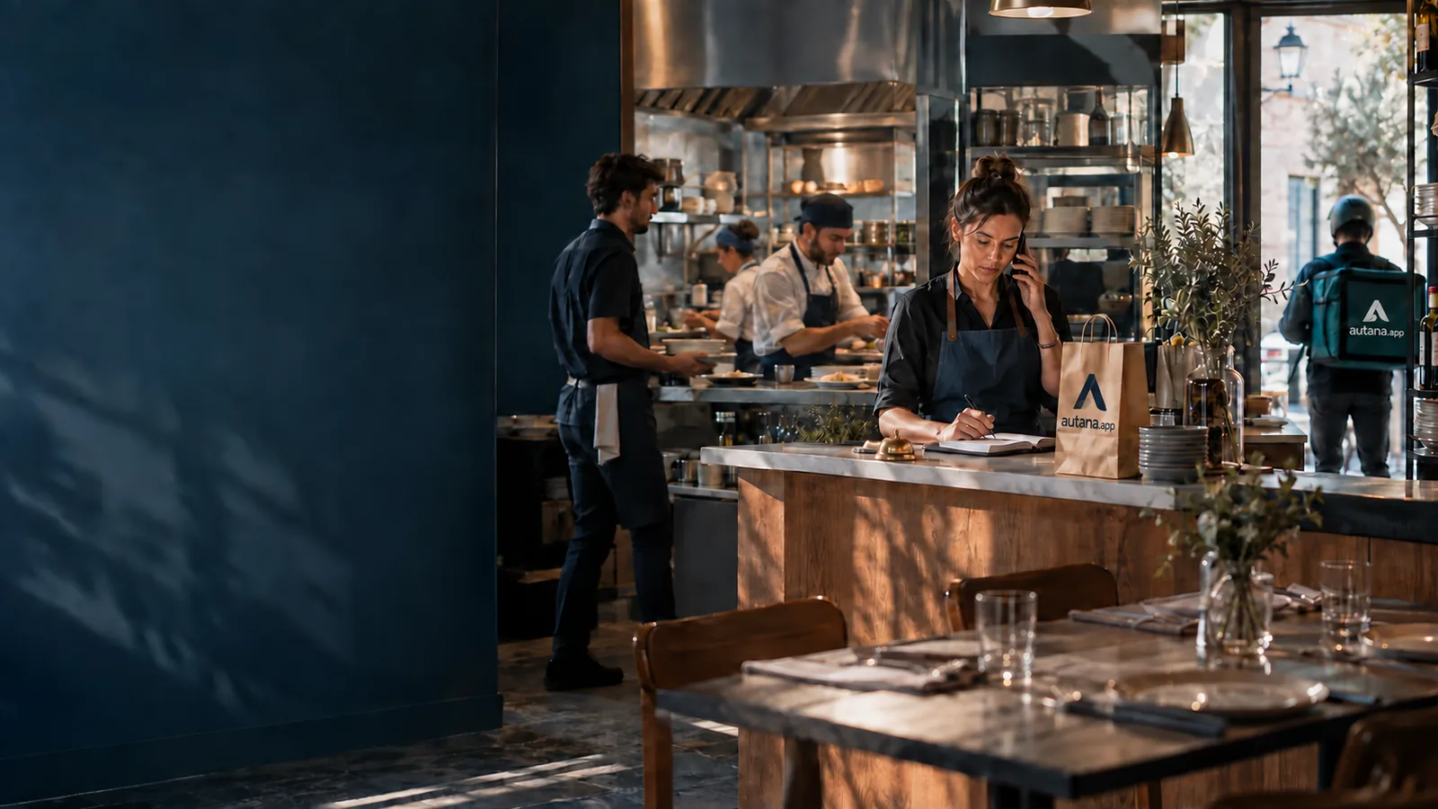Equipo de cocina preparando y coordinando pedidos